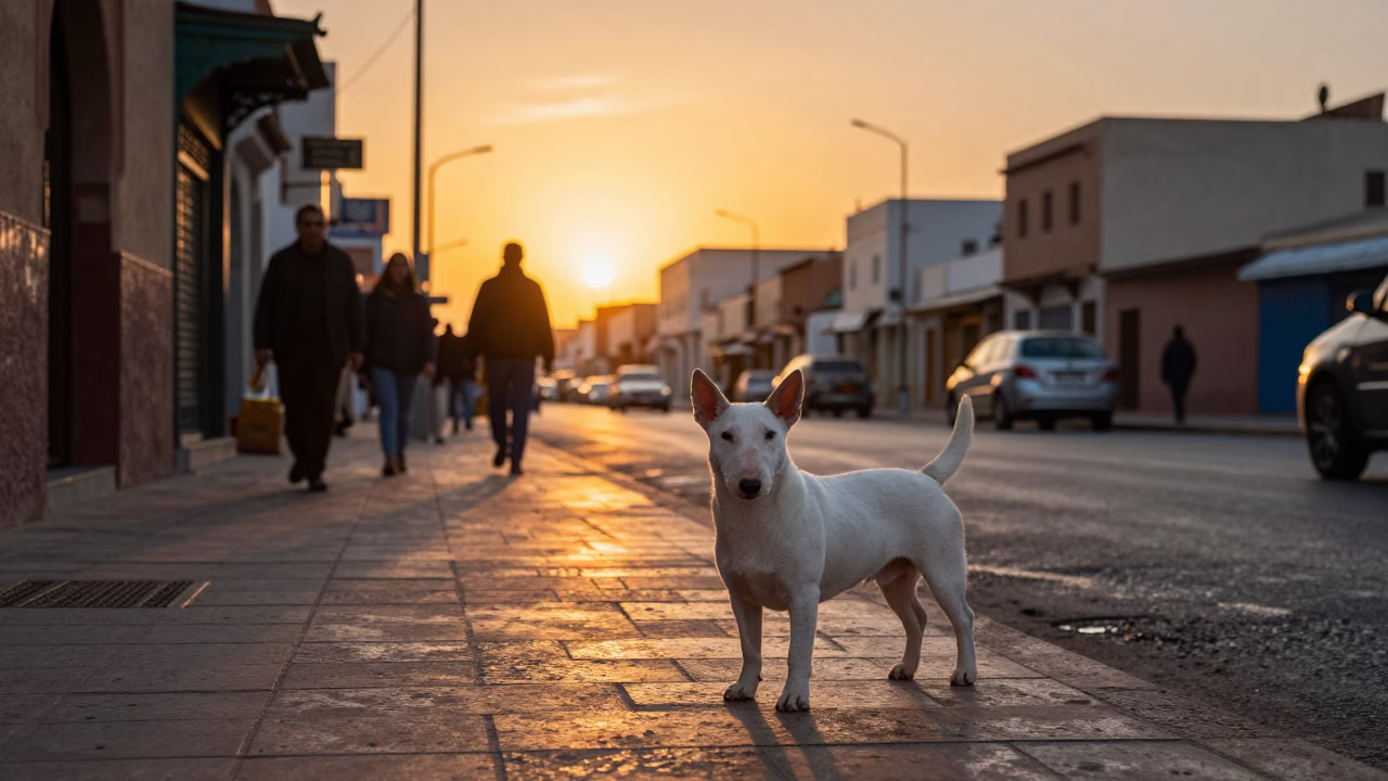 Casablanca Morocco Street Scene at Sunset with Bull Terrier and Traditional Tea Service in in Casablanca, Morocco