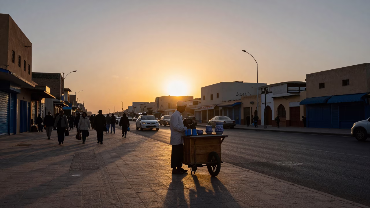 Casablanca Morocco Street Scene at Sunset with Ceramic Cup and Loom Shuttle in in Casablanca, Morocco