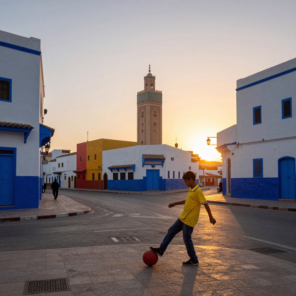 Casablanca Morocco Street Scene at Sunset with Colorful Architecture and Local Life in in Casablanca, Morocco