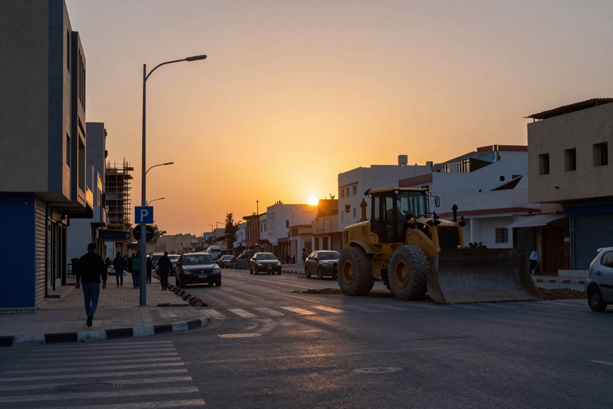Casablanca Morocco Street Scene at Sunset with Construction and Local Commerce in in Casablanca, Morocco