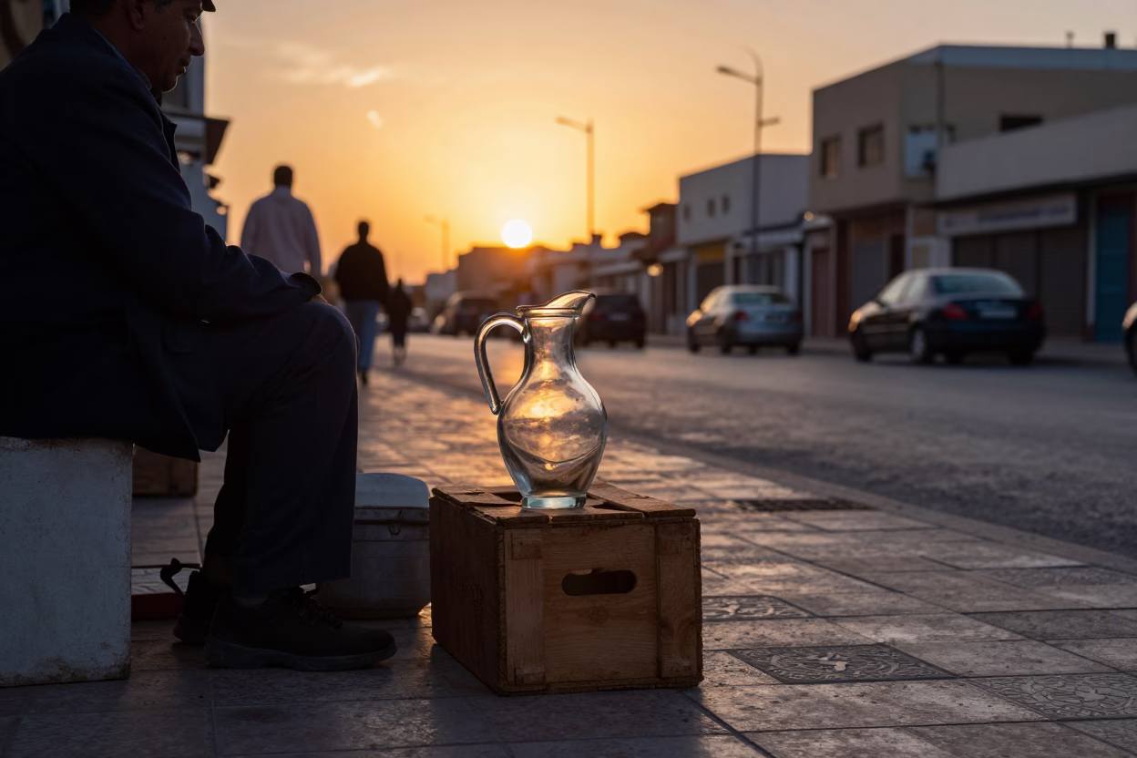 Casablanca Morocco Street Scene at Sunset with Faceted Glass Pitcher Refracting Light in in Casablanca, Morocco