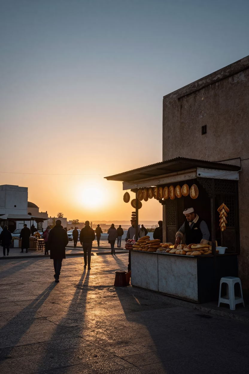 Casablanca Morocco Street Scene at Sunset with Local Bakery Bread and Kettle in in Casablanca, Morocco