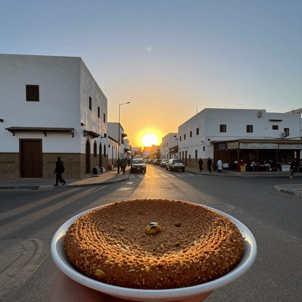 Casablanca Morocco Street Scene at Sunset with Traditional Kibbeh Plate in in Casablanca, Morocco