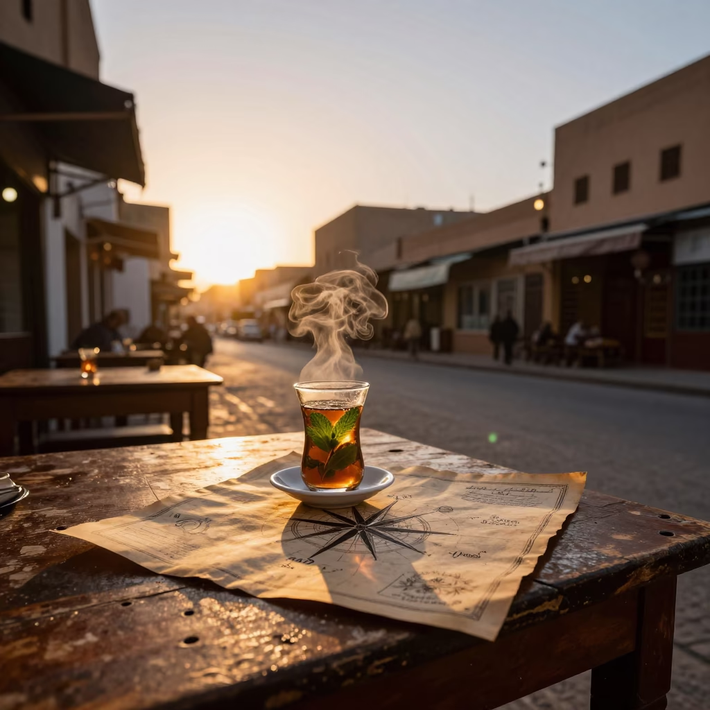 Casablanca Morocco Street Scene at Sunset with Traditional Tea and Nautical Chart in in Casablanca, Morocco
