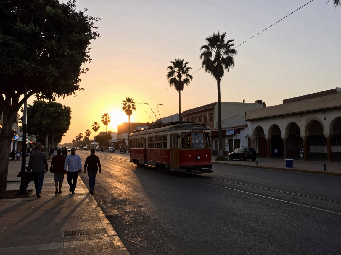Casablanca Morocco street scene at sunset with tramcar and local life in in Casablanca, Morocco