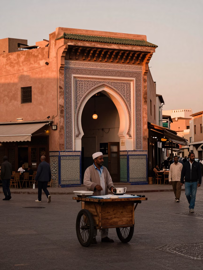 Casablanca Morocco Street Scene Before Dusk with Local Vendor and Drinking Vessel in in Casablanca, Morocco