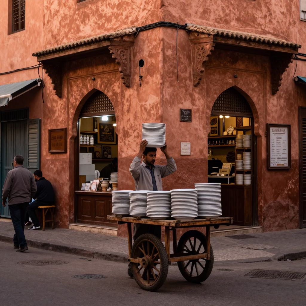 Casablanca Morocco Street Scene Before Dusk with Stacked Plates and Twine in in Casablanca, Morocco