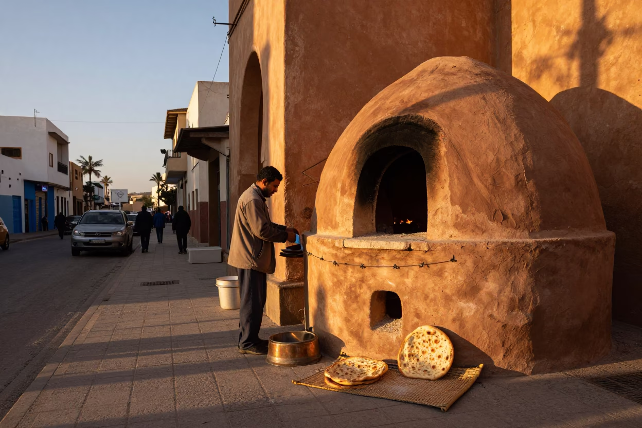 Casablanca Morocco Street Scene Before Dusk with Traditional Clay Oven and Local Vendor in in Casablanca, Morocco