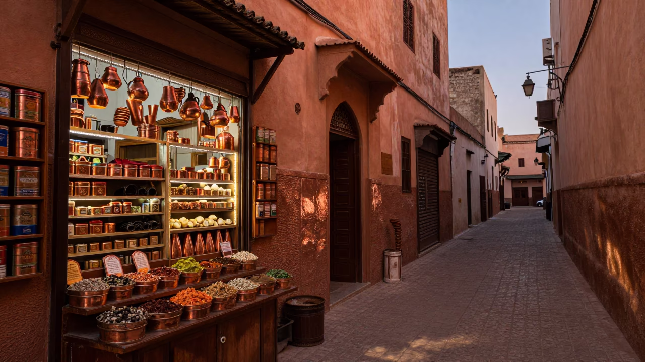 Casablanca Morocco Street Scene Copper Dusk Light Spice Tins and Grease Sheen in in Casablanca, Morocco