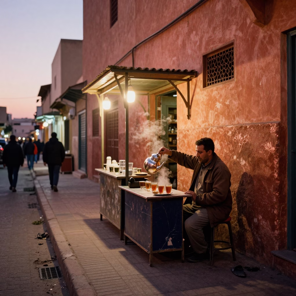 Casablanca Morocco street scene copper dusk light tea vendor and brass bucket in in Casablanca, Morocco