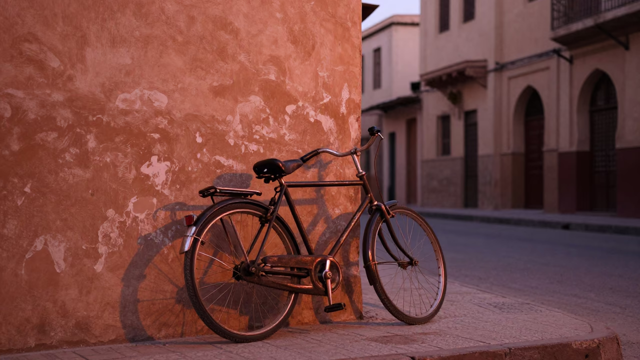Casablanca Morocco Street Scene Copper Dusk Light Vintage Bicycle and Traditional Architecture in in Casablanca, Morocco