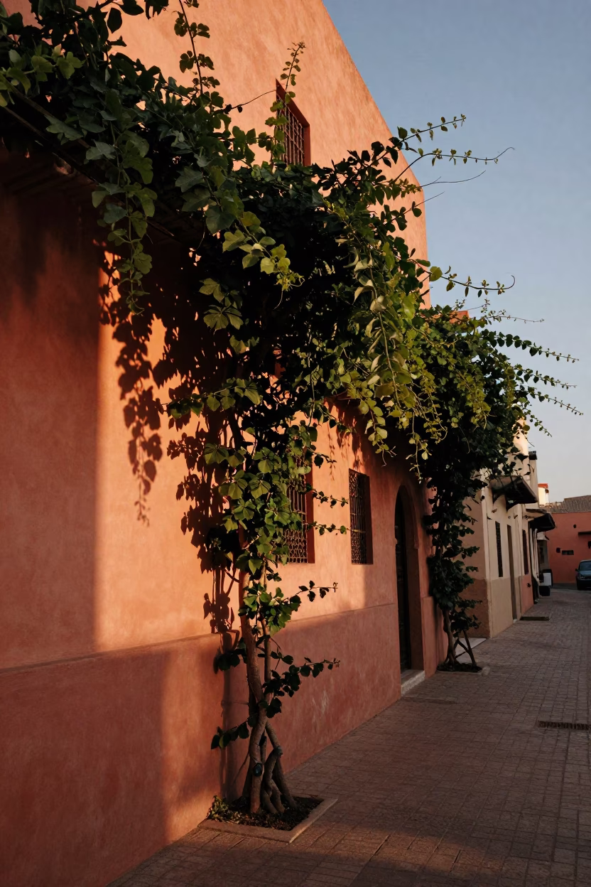 Casablanca Morocco Street Scene Copper Light Before Dusk Vine and Sun Stripe in in Casablanca, Morocco