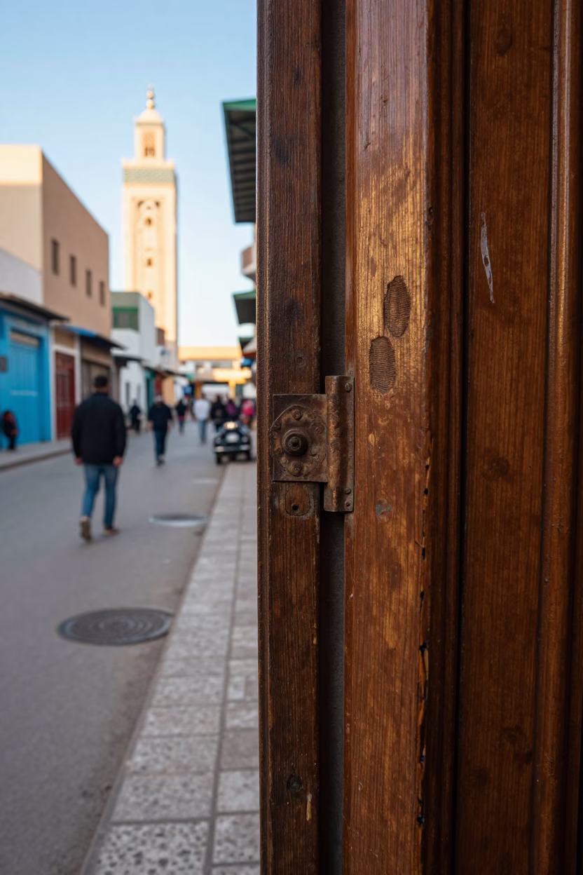 Casablanca Morocco Street Scene Early Afternoon with Weathered Door Hinge Details in in Casablanca, Morocco