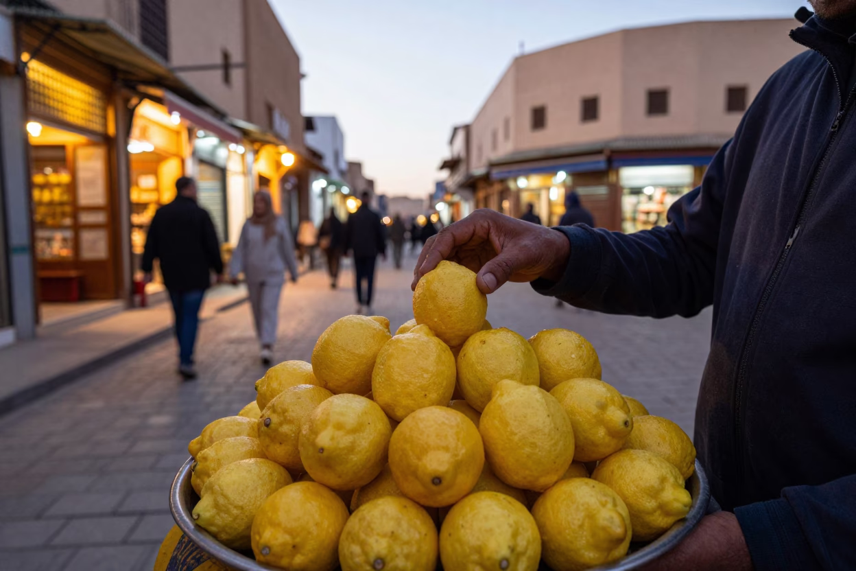 Casablanca Morocco Street Scene Early Evening Tea Tray Lemons and Coffee Cupper in in Casablanca, Morocco
