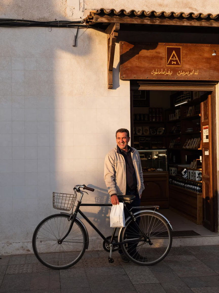 Casablanca Morocco Street Scene Golden Hour with Bicycle and Bakery in in Casablanca, Morocco