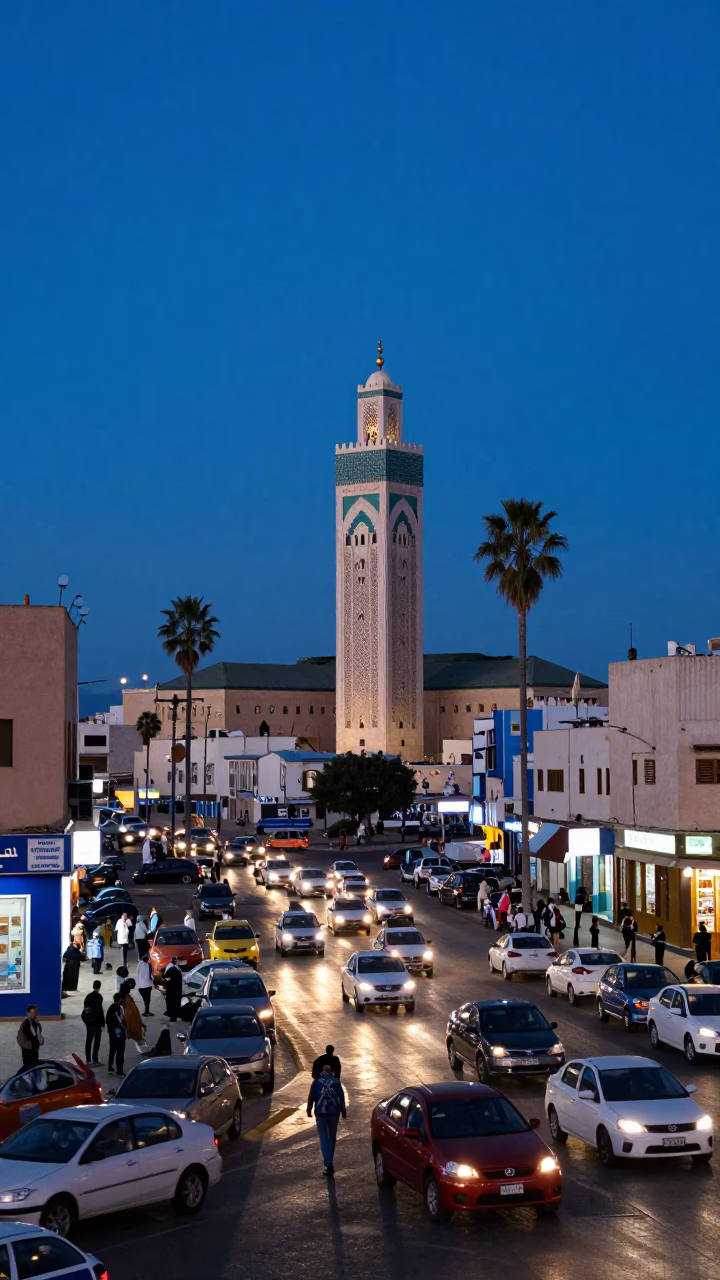 Casablanca Morocco Street Scene Indigo Twilight Busy Traffic and Local Life in in Casablanca, Morocco