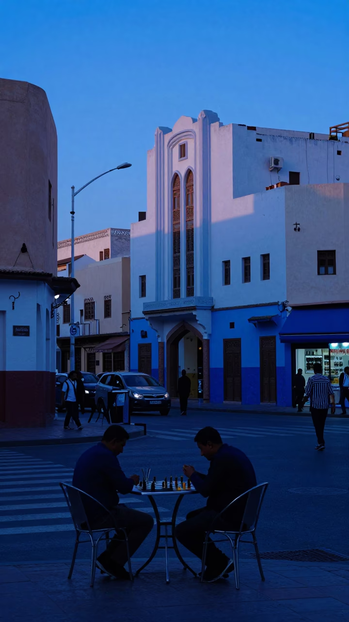 Casablanca Morocco Street Scene Indigo Twilight Chess Game and Local Traffic in in Casablanca, Morocco
