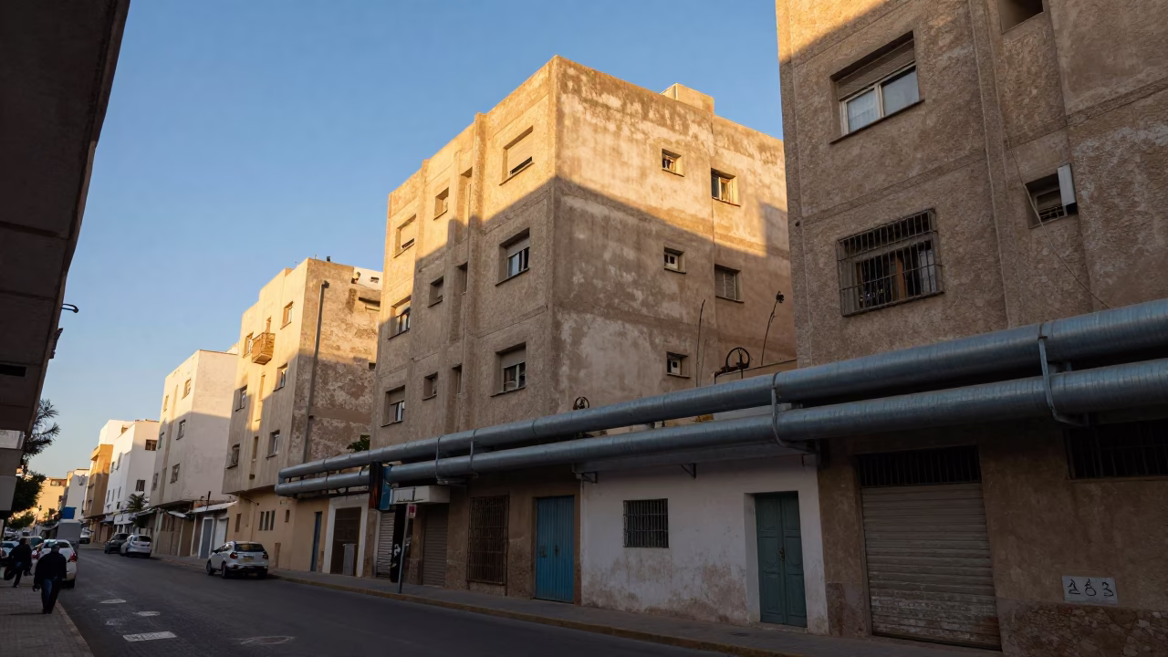 Casablanca Morocco Street Scene Late Afternoon Light District Heating Pipes Apartment Blocks in in Casablanca, Morocco
