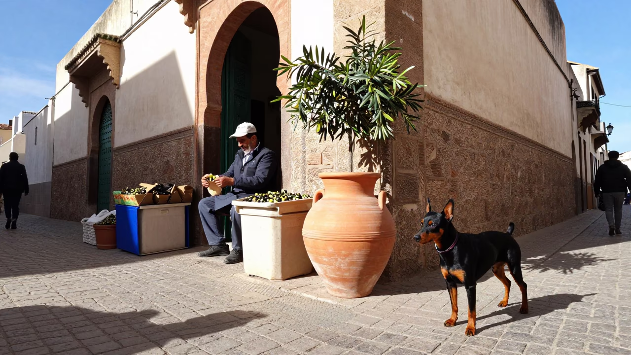 Casablanca Morocco Street Scene Midmorning Light Clay Pot and Olive Dish in in Casablanca, Morocco