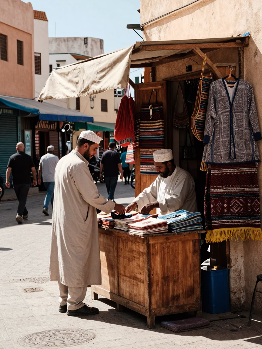 Casablanca Morocco Street Scene Midmorning Light with Linen and Local Commerce in in Casablanca, Morocco