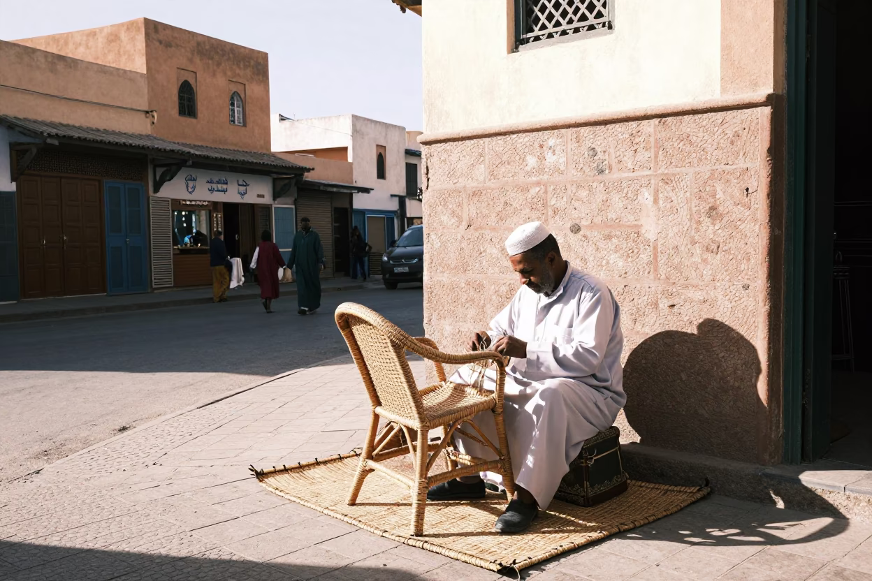 Casablanca Morocco Street Scene Midmorning Light with Local Artisan and Traditional Elements in in Casablanca, Morocco