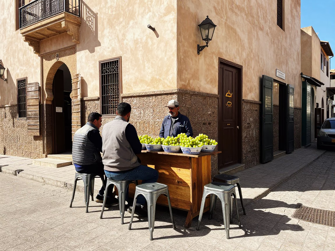 Casablanca Morocco Street Scene Midmorning Light with Metal Stools and Local Commerce in in Casablanca, Morocco