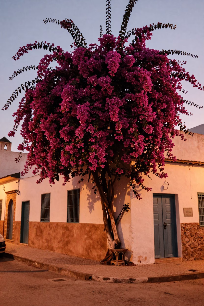 Casablanca Morocco street scene with bougainvillea and vintage 1980s architecture in copper dusk light in in Casablanca, Morocco