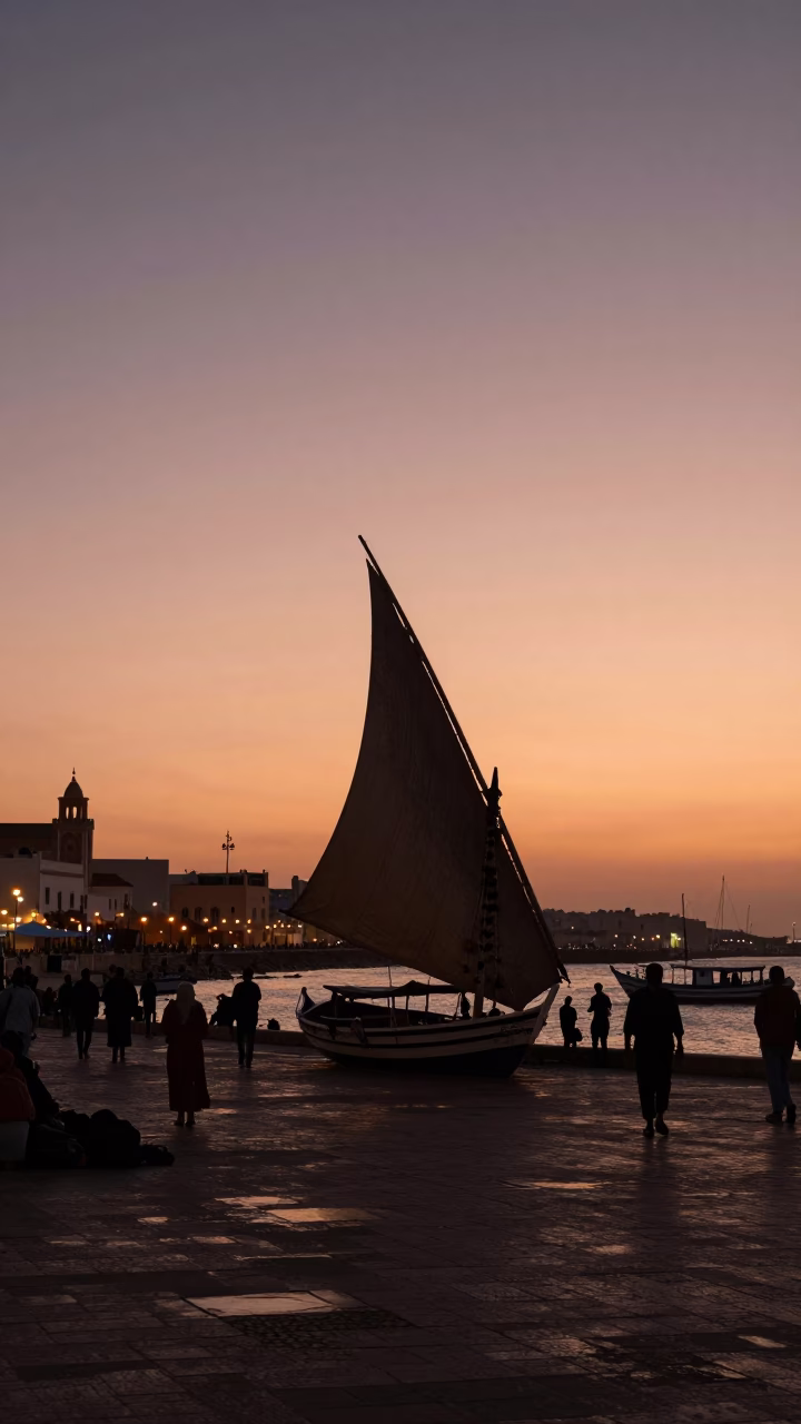 Casablanca Morocco Street Scene with Dhow Silhouette at Dusk in in Casablanca, Morocco