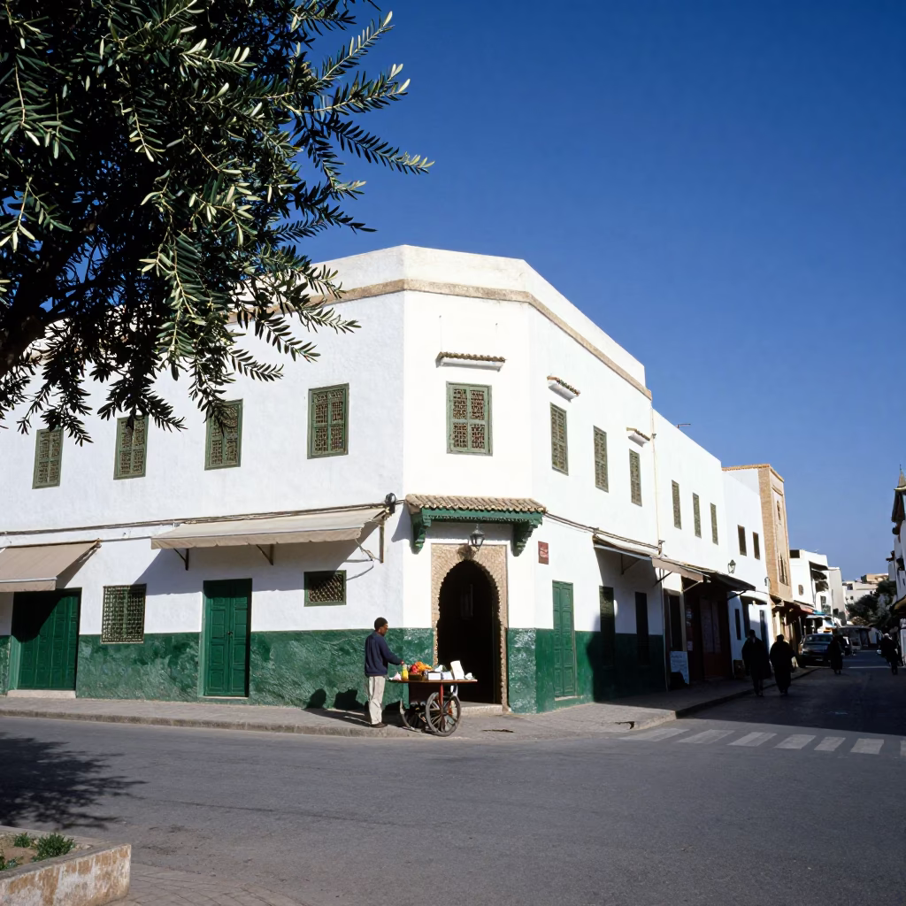 Casablanca Morocco Street Scene with Olive Branch and Traditional Architecture in Midmorning Light in in Casablanca, Morocco
