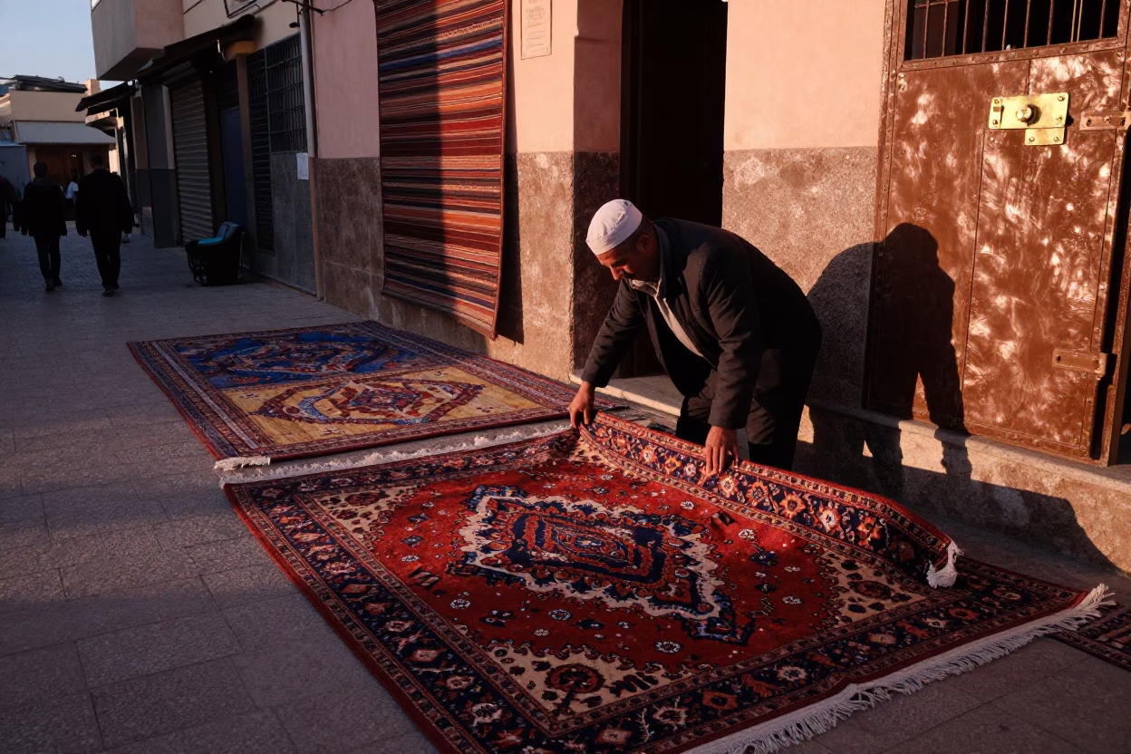 Casablanca Morocco Street Scene with Patterned Rug and Brass Latch Before Dusk in in Casablanca, Morocco