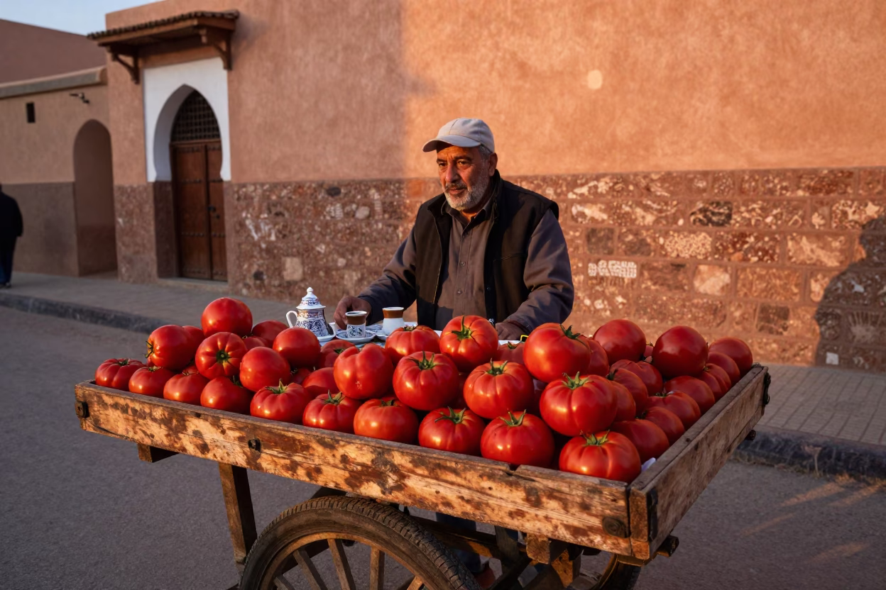 Casablanca Morocco Street Scene with Tomatoes and Turkish Coffee Before Dusk in in Casablanca, Morocco