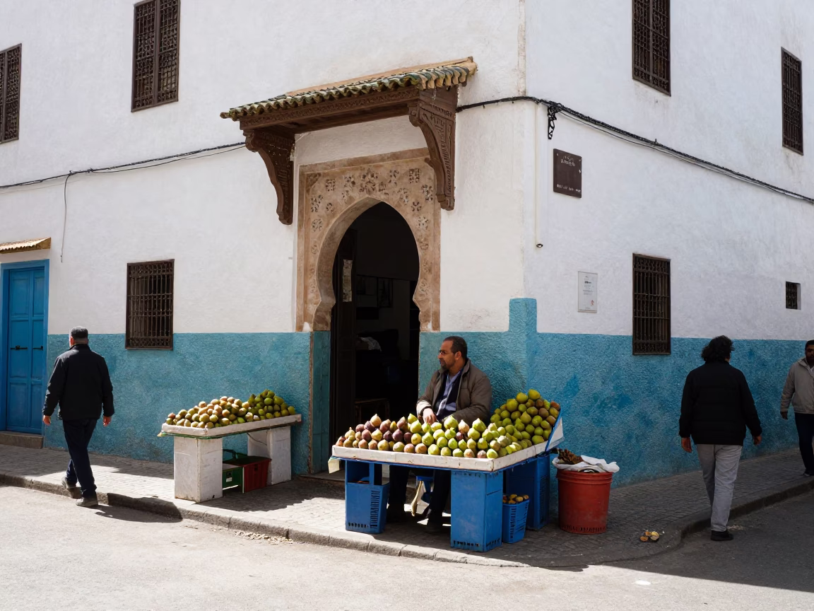 Casablanca Morocco Street Scene with White Washed Walls and Local Market Activity in in Casablanca, Morocco