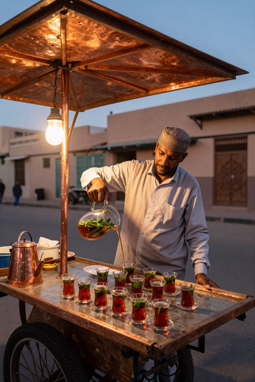 Casablanca Morocco street vendor copper light evening with tea and spices in in Casablanca, Morocco