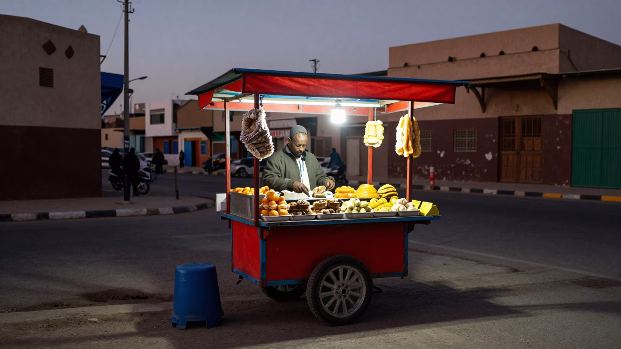 Casablanca Morocco street vendor predawn light colorful food stall candid moment in in Casablanca, Morocco