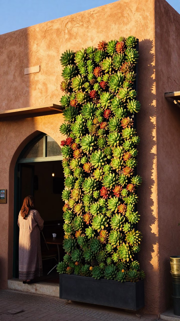 Casablanca Morocco Sunrise Cafe Exterior Succulent Wall and Morning Coffee Scene in in Casablanca, Morocco