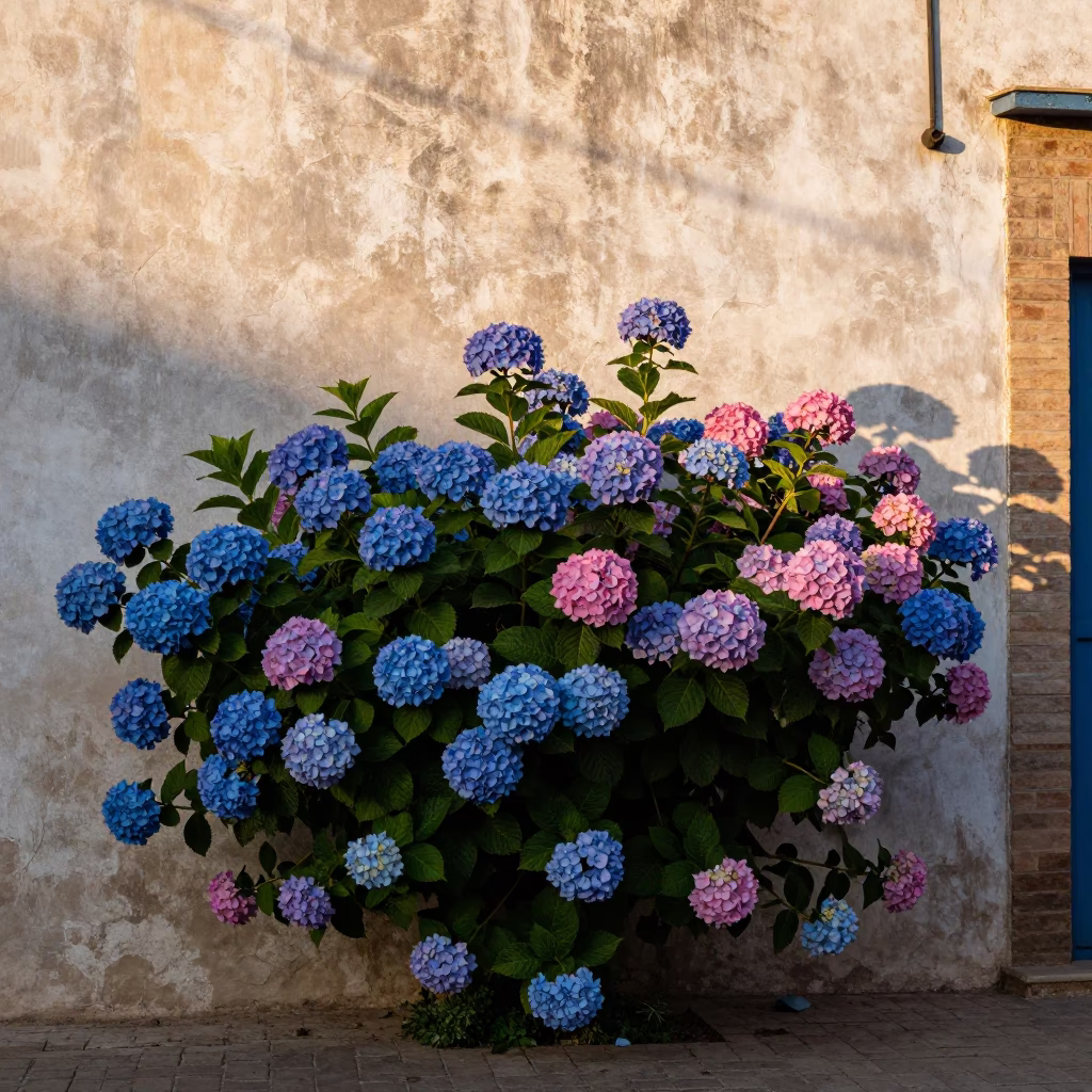 Casablanca Morocco Sunrise Street Scene with Hydrangea Bush and Pruning Shears in in Casablanca, Morocco