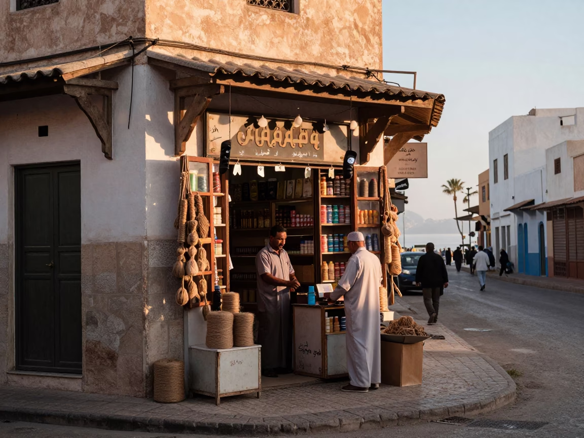 Casablanca Morocco Sunrise Street Scene with Local Shopkeeper and Twine Details in in Casablanca, Morocco