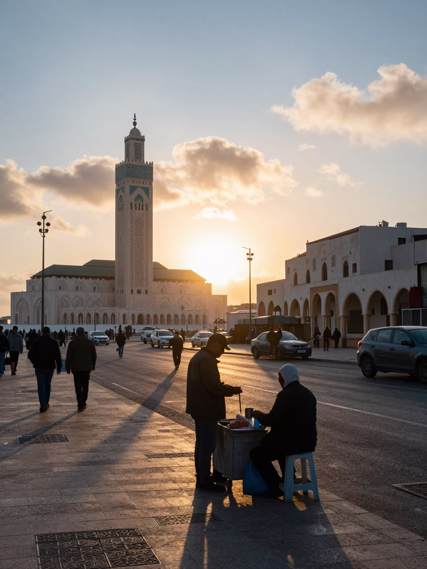 Casablanca Morocco Sunrise Street Scene with Local Vendor and Morning Glory Clouds in in Casablanca, Morocco
