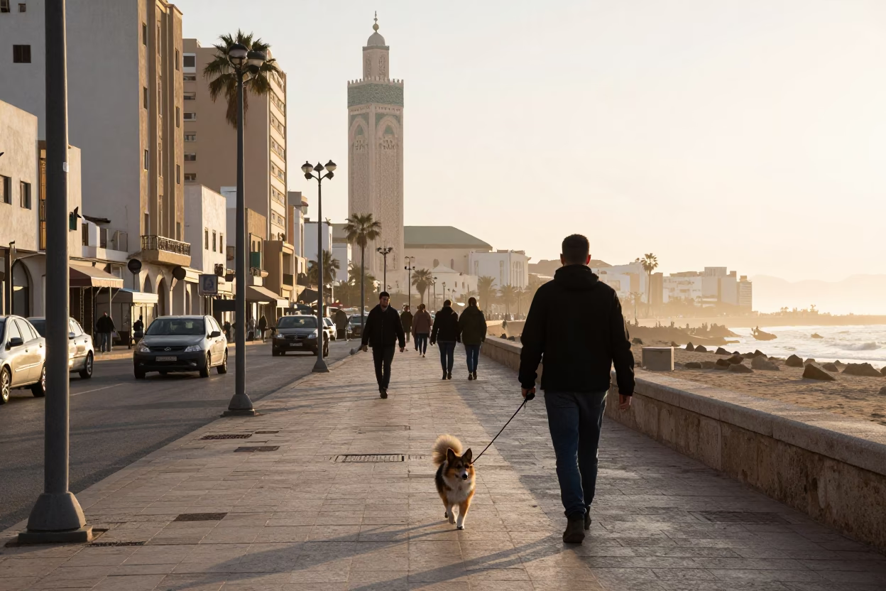 Casablanca Morocco Sunrise Street Scene with Miniature American Shepherd and Koshari Plate in in Casablanca, Morocco