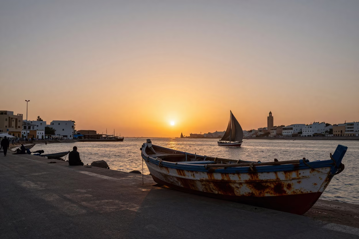 Casablanca Morocco Sunset Horizon Street Scene with Dhow and Rusty Metal Frames in in Casablanca, Morocco
