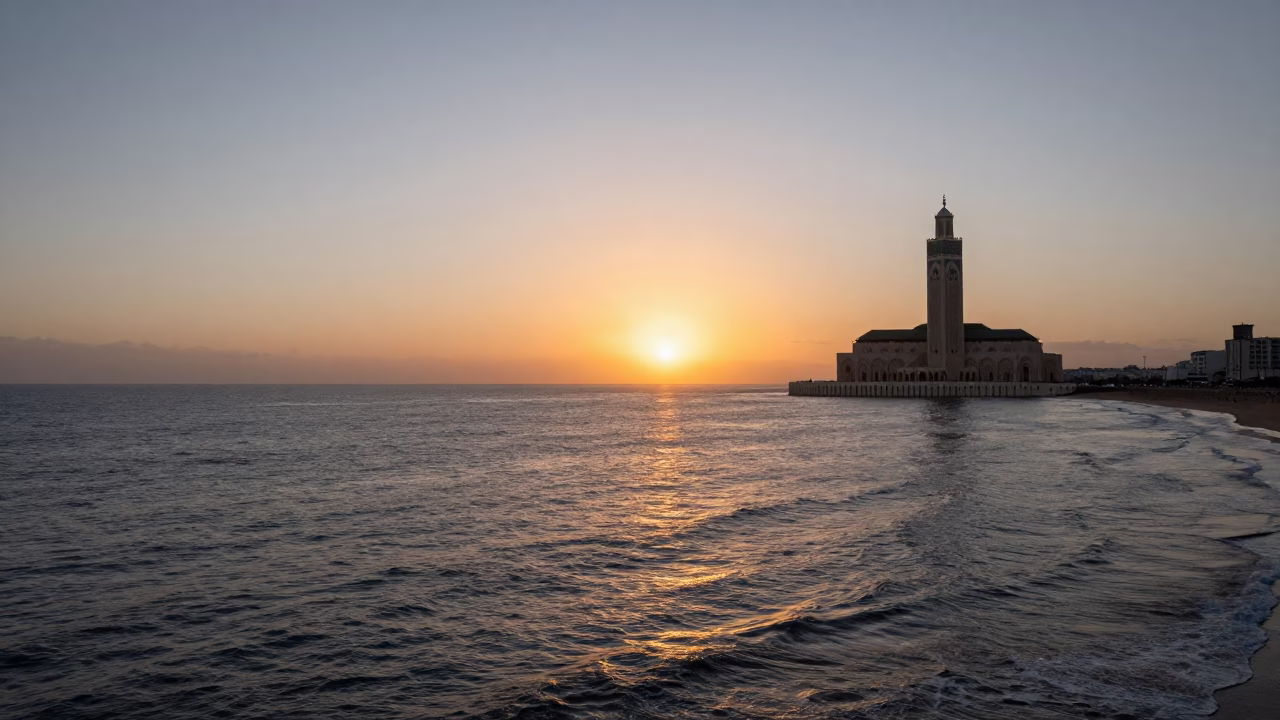 Casablanca Morocco Sunset Horizon View of Atlantic Ocean and Hassan II Mosque Minaret in in Casablanca, Morocco