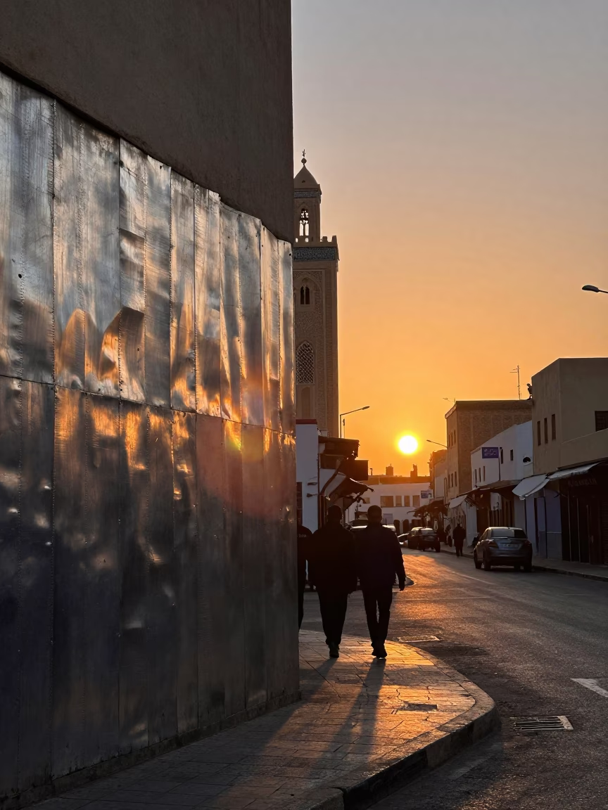 Casablanca Morocco Sunset Street Scene with Brushed Steel Wall and Coiled Rope in in Casablanca, Morocco