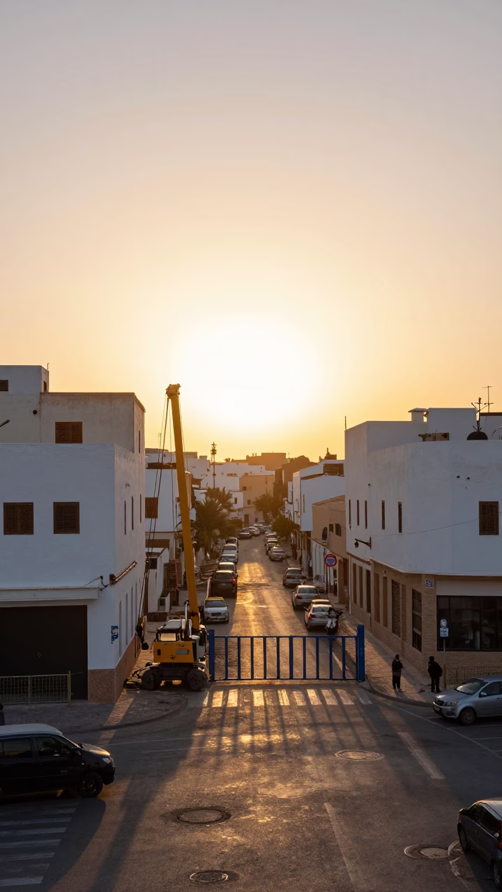 Casablanca Morocco Sunset Street Scene with Construction Site and Urban Life in in Casablanca, Morocco