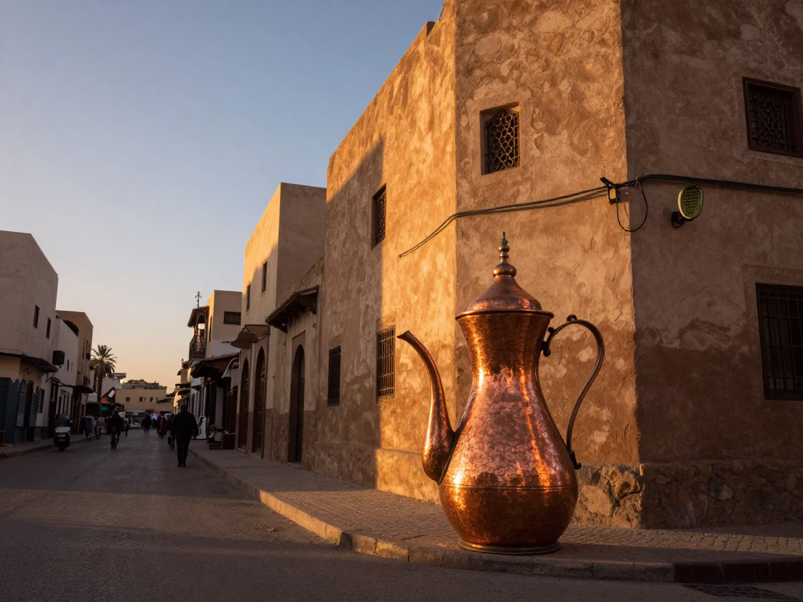 Casablanca Morocco Sunset Street Scene with Copper Coffee Pot and Brass Plate in in Casablanca, Morocco