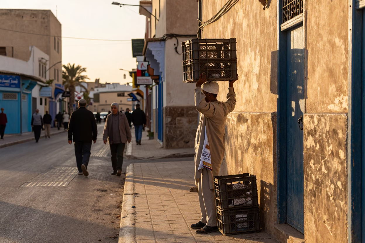 Casablanca Morocco Sunset Street Scene with Crate and Tea Towel in in Casablanca, Morocco