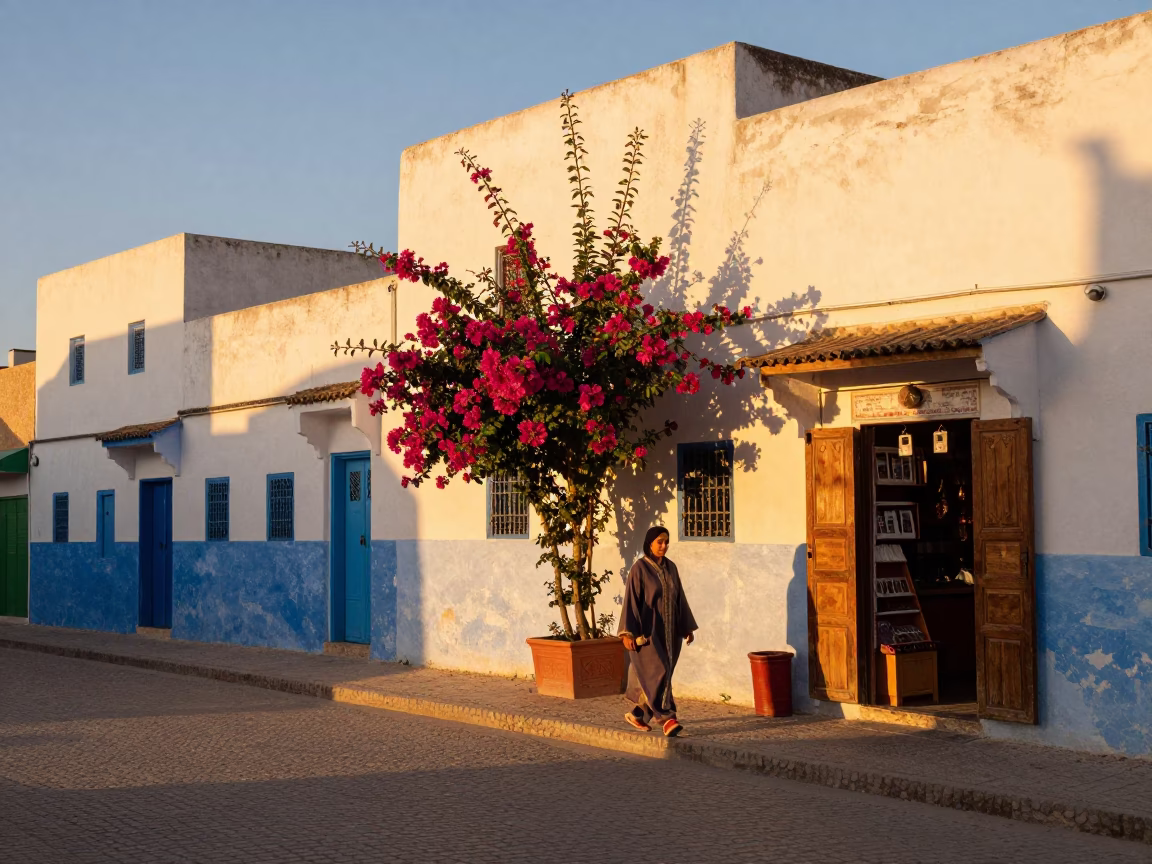 Casablanca Morocco Sunset Street Scene with Flowering Plant and Local Life in in Casablanca, Morocco