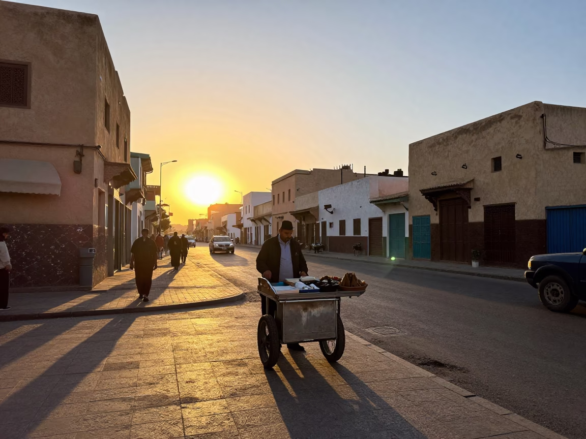 Casablanca Morocco Sunset Street Scene with Local Vendor and Traditional Tea Kettle in in Casablanca, Morocco