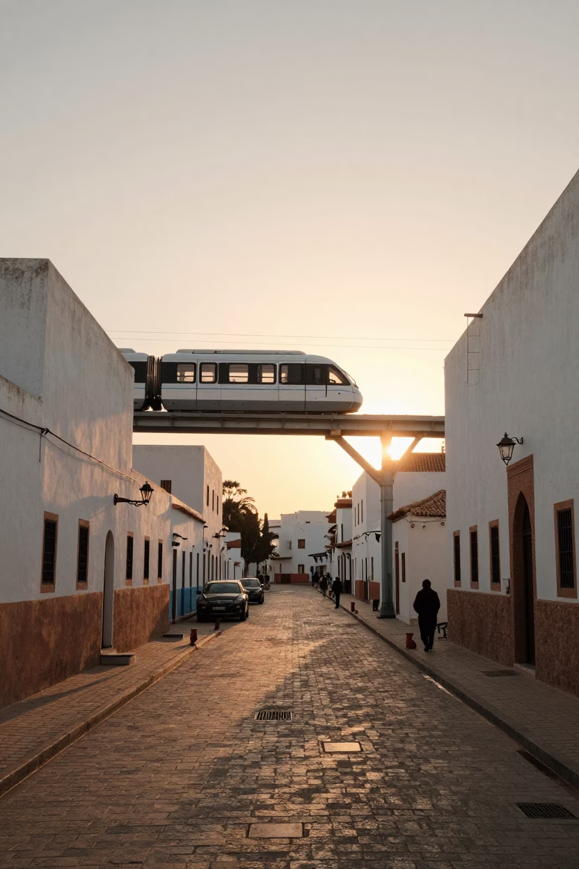 Casablanca Morocco Sunset Street Scene with Monorail and Traditional Tea Service in in Casablanca, Morocco
