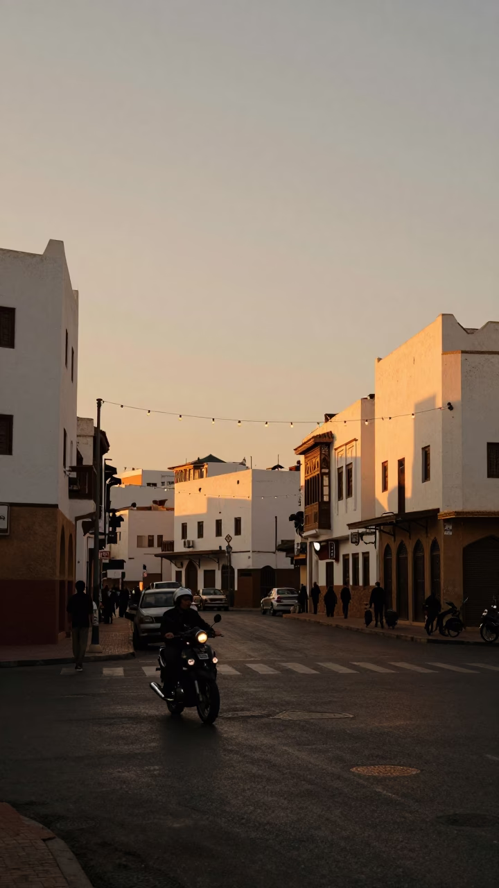 Casablanca Morocco Sunset Street Scene with Motorcycle and String Lights in in Casablanca, Morocco