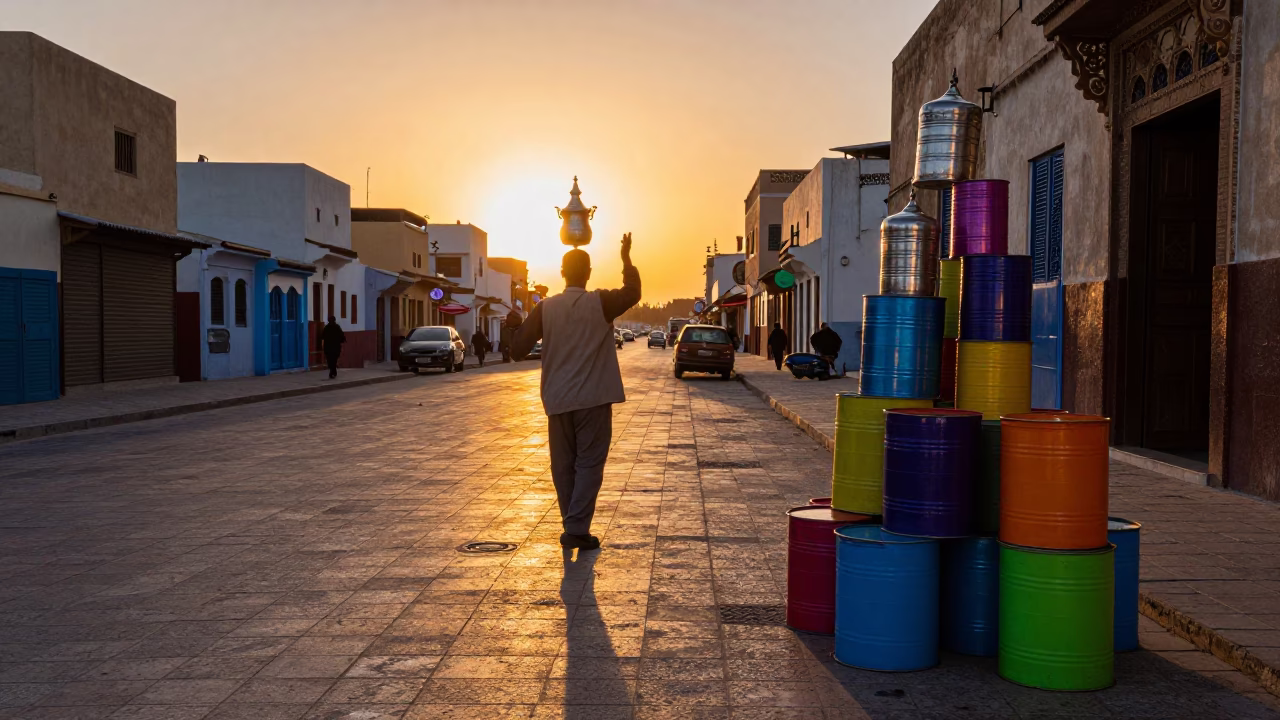 Casablanca Morocco Sunset Street Scene with Tiffin Tin and Colorful Cushions in in Casablanca, Morocco